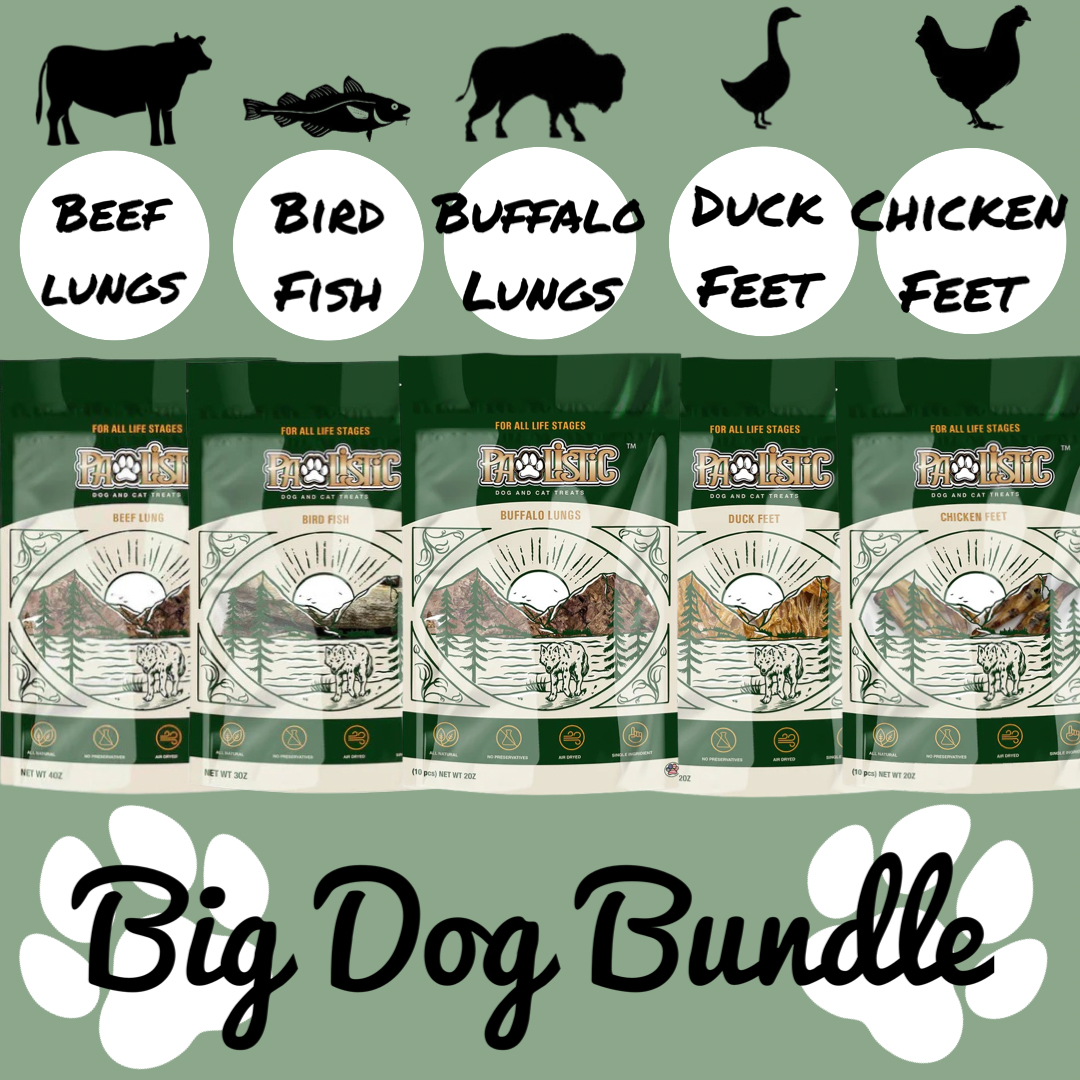 A bundle of treats for cats and dogs that include Beef Lungs, Bird Fishm Buffalo Lungs, Duck Feet, Chicken Feet