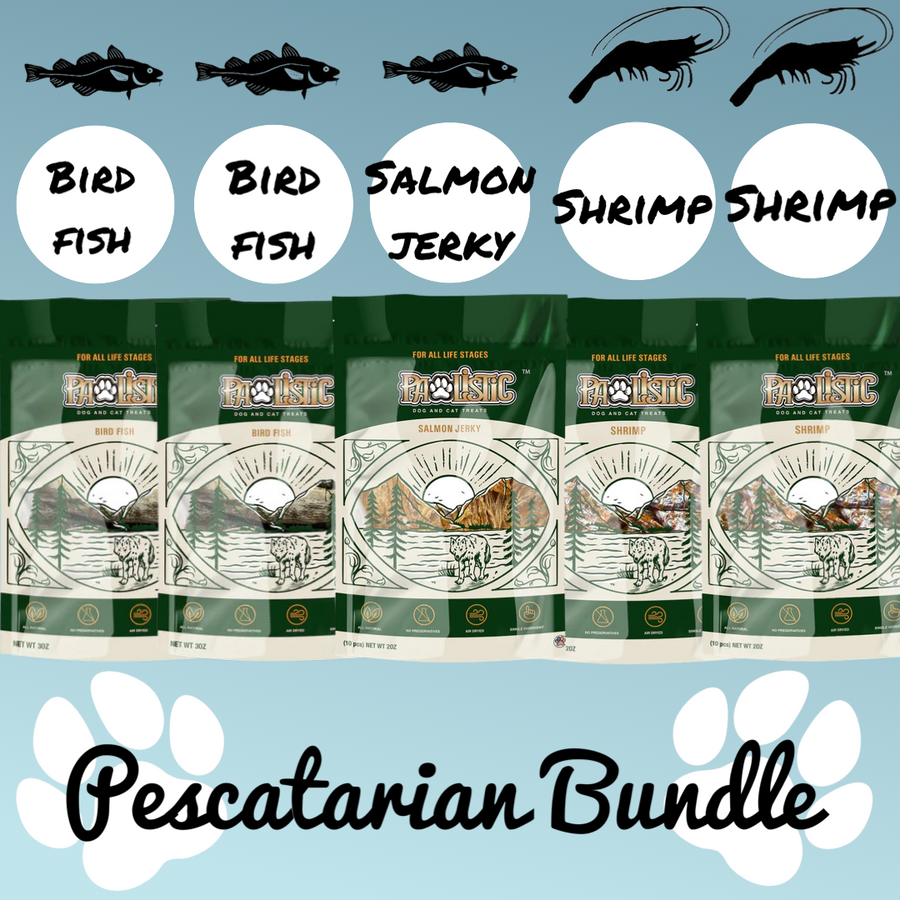 Pescatarian Bundle for cats and dogs that include Bird Fish, salmon Jerky, and shrimp