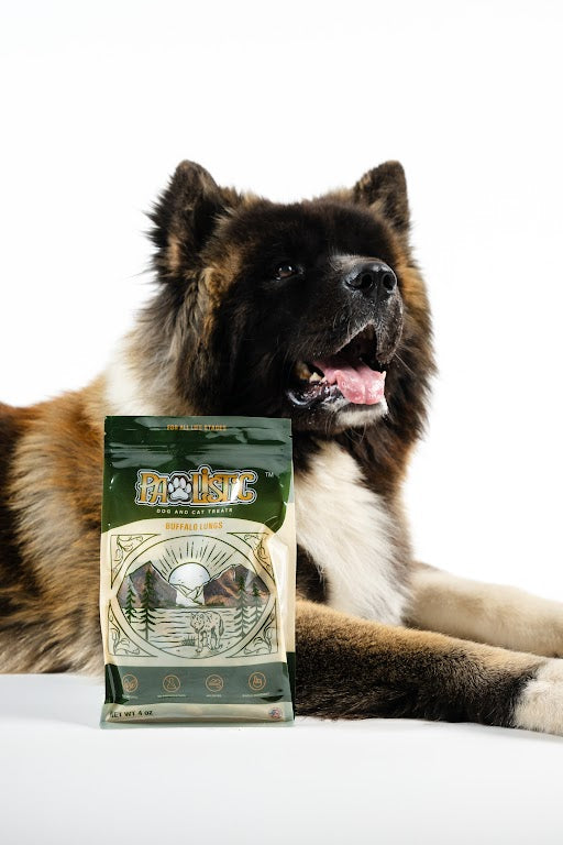 American Akita dog eagerly gazes at a pile of Pawlistic Treats, showcasing the delicious and nutritious pet treats. Enhance your furry friend's joy with Pawlistic's premium treats for a wholesome canine experience.